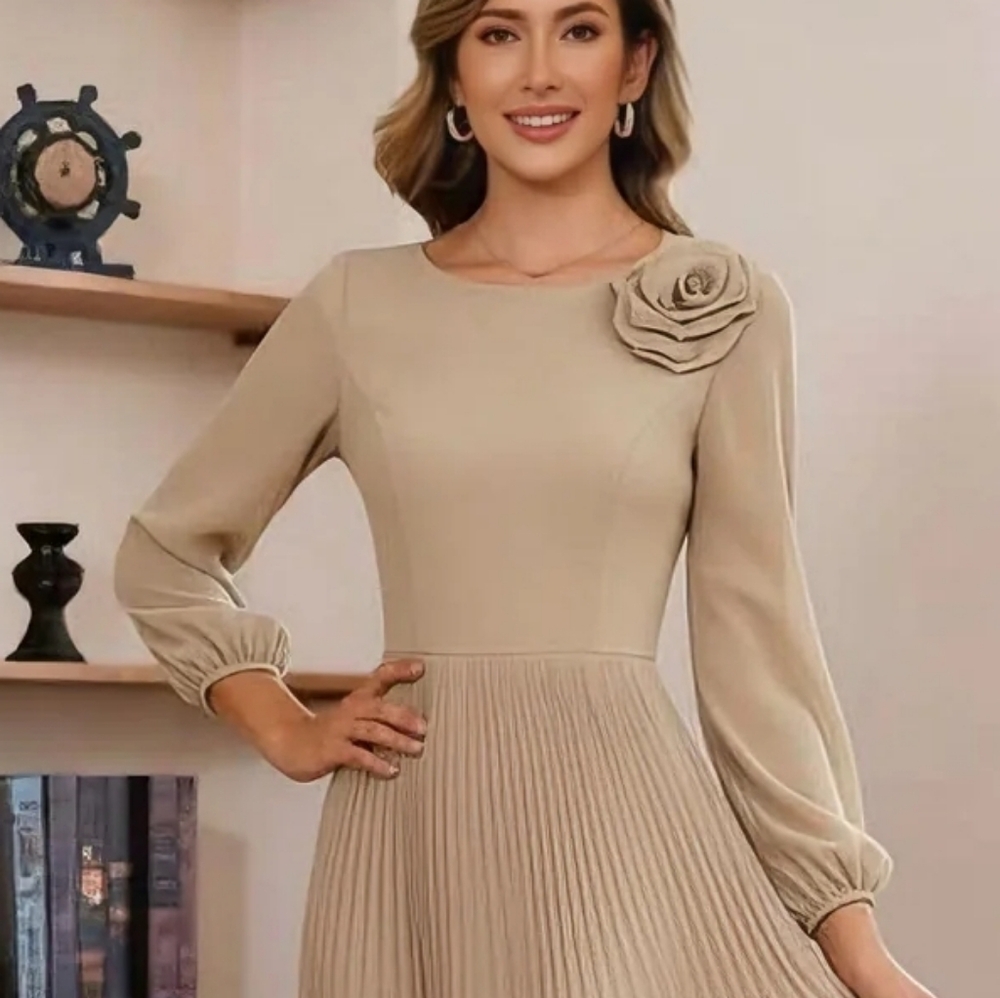 Elegant Beige Pleated Dress From MONDRESSY, SIZE 6, NEW WITH TAG